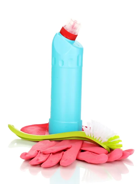 Articoli per la pulizia e spazzola per servizi igienici isolati su bianco — Foto Stock