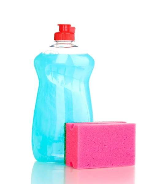 Afwasmiddel en spons geïsoleerd op wit — Stockfoto