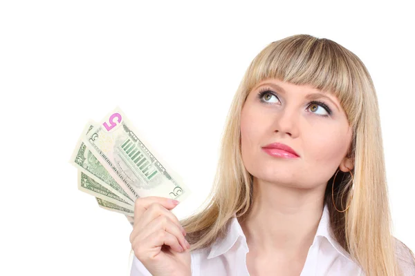 Деловая женщина держит деньги изолированы на белом — стоковое фото