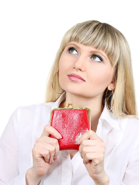 Žena s červenou peněženku isoleted na bílém pozadí — Stock fotografie