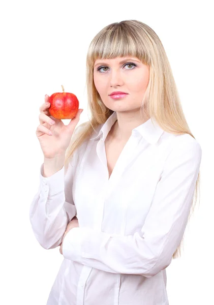 Genç kadın üzerinde beyaz izole elmalı — Stok fotoğraf