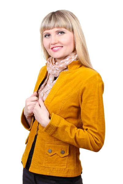 उज्ज्वल जैकेट में सुंदर युवा महिला सफेद पर अलग — स्टॉक फ़ोटो, इमेज