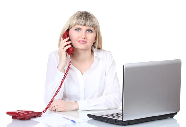Beautiful young girl using telephone isolated on white — Stock Photo, Image