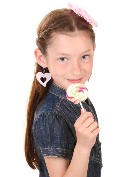 Portrait of beautiful little girl with lollipop isolated on white — Stock Photo, Image
