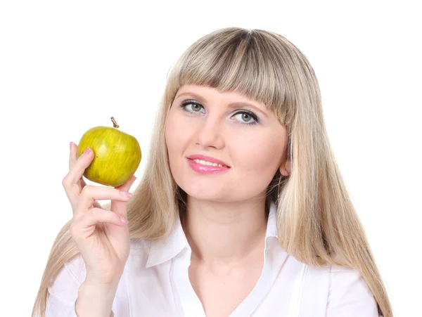 Krásná mladá dívka drží zelené jablko izolovaných na bílém — Stock fotografie