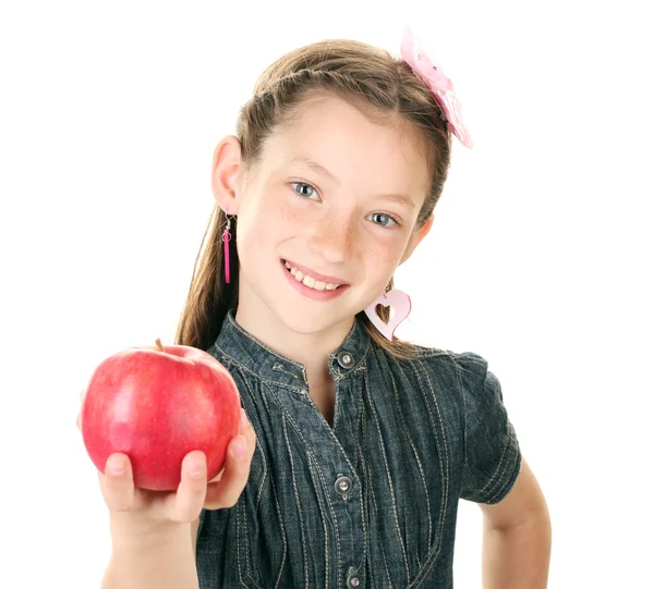 Portrait of beautiful little girl with apple Isolated on white — Stock Photo, Image