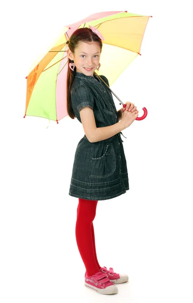 Portret van mooi meisje met paraplu geïsoleerd op wit — Stockfoto