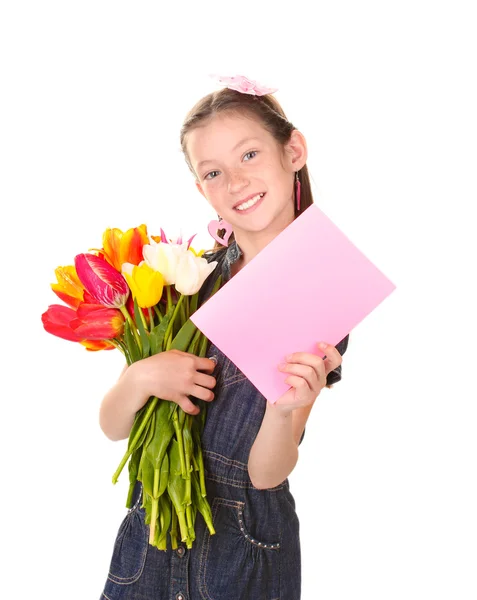 Portrait of beautiful little girl with tulips and postcard isolated on white — Stock Photo, Image