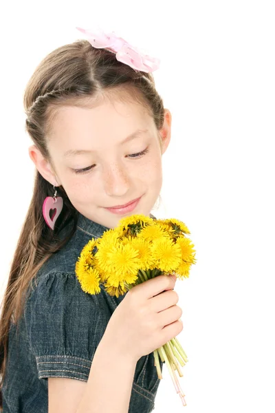 Portrait of beautiful little girl with dandelions isolated on white — Stock Photo, Image