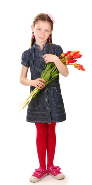 Retrato de menina bonita com tulipas isoladas em branco — Fotografia de Stock