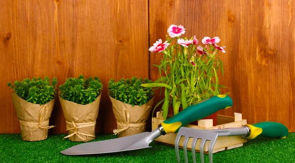 Trädgårdsredskap på trä bakgrund — Stockfoto