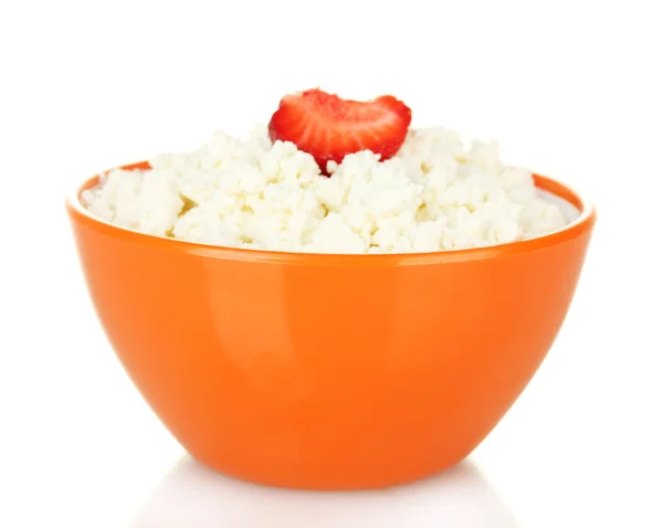 Cottage cheese with strawberry in orange bowl isolated on white — Stock Photo, Image