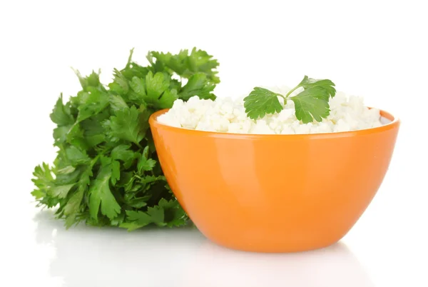Cottage cheese with parsley in orange bowl isolated on white — Stock Photo, Image
