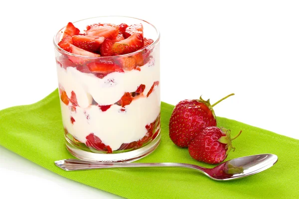 Glass of ripe strawberries with cream isolated on white — Stock Photo, Image