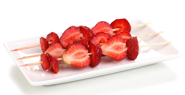Sweet ripe strawberries on stick isolated on white — Stock Photo, Image