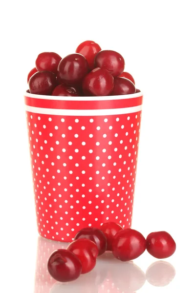Cerejas em uma xícara de bolinhas vermelhas isoladas em branco — Fotografia de Stock