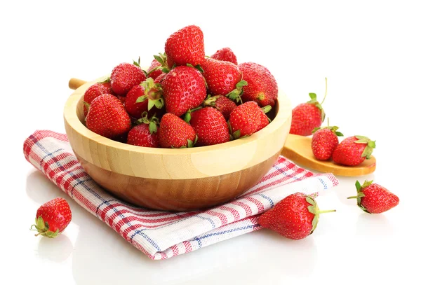 Sweet ripe strawberries in wooden bowl isolated on white — Stock Photo, Image