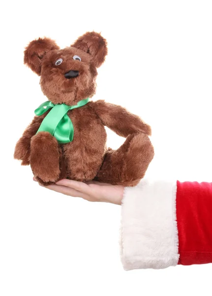 산타 클로스 손을 잡고 흰색 절연 장난감 곰 — 스톡 사진