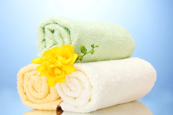 Colorful towels and flowers on blue background Stock Photo