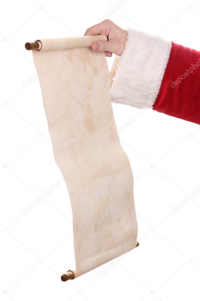 Santa Claus hand holding list on white