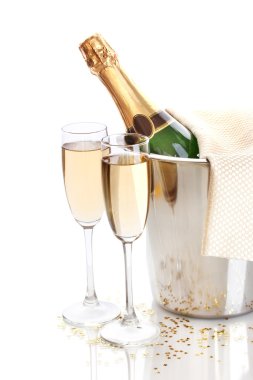 Champagne bottle in bucket with ice and glasses of champagne, isolated on white clipart
