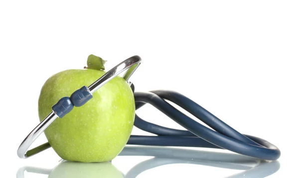 Sağlık stetoskop ve yeşil elma üzerine beyaz izole — Stok fotoğraf