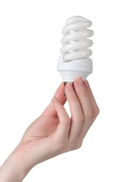 Lampka na białym tle gospodarstwa energooszczędnych ramię — Zdjęcie stockowe