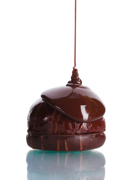 Сhocolate cookie poured chocolate isolated on white — Stock Photo, Image