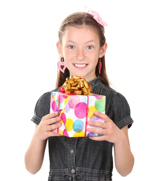 Little girl with gift isolated on white — Stock Photo, Image