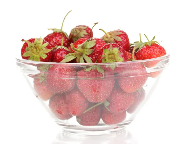 Sweet ripe strawberries in glass bowl isolated on white — Stock Photo, Image