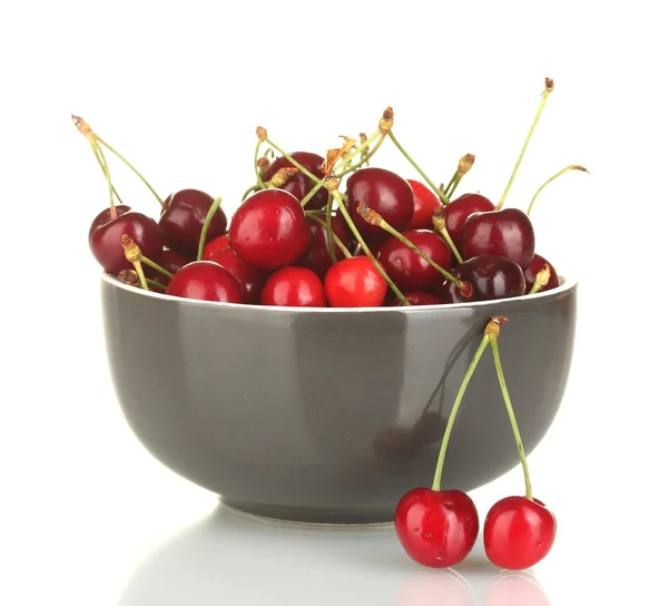 Sweet cherry in grey bowl isolated on white — Stock Photo, Image