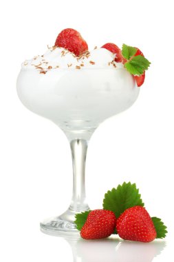 Glass of ripe strawberries with cream isolated on white clipart