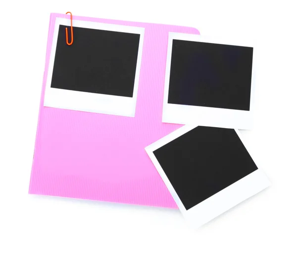 Fotoğraf kağıdı ve pink notebook üzerinde beyaz izole — Stok fotoğraf