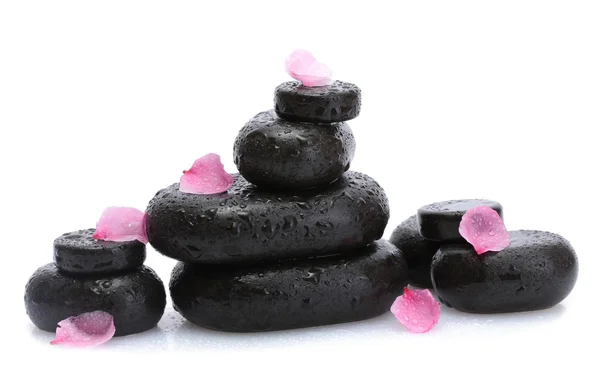 หินสปาที่มีหยดและดอกซากุระสีชมพูแยกจากสีขาว — ภาพถ่ายสต็อก
