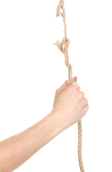 Breaking touw en hand geïsoleerd op wit — Stockfoto