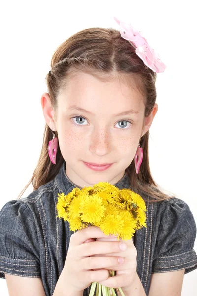 Portrait of beautiful little girl with dandelions isolated on white — Stock Photo, Image