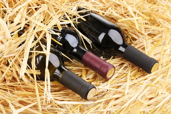 Palack jó bor, széna — Stock Fotó