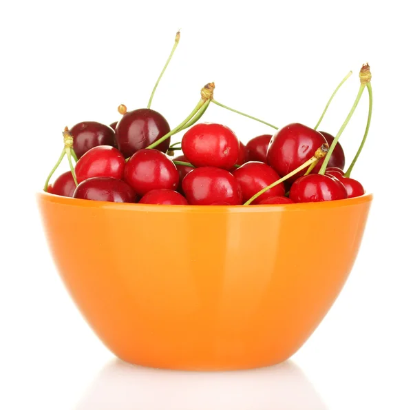 Cherry in a orange bowl isolated on white — Stock Photo, Image