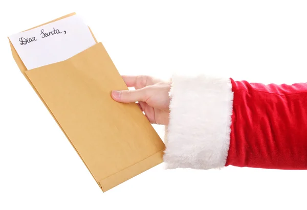 Santa Claus hand holding letter isolated on white — Stock Photo, Image