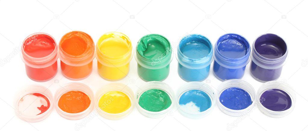 Jars with multicolored gouache isolated on white background