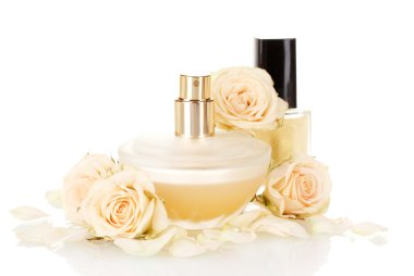 Women's perfume and nail polish on white background clipart