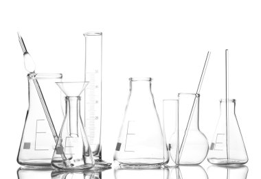 Empty laboratory glassware with reflection isolated on white clipart