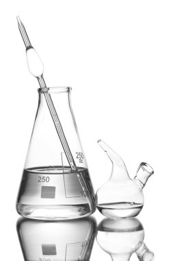 Flask and Schuster's dropper with water and reflection isolated on white clipart