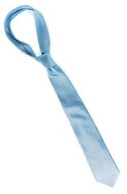 Blue tie on wooden hanger isolated on white clipart