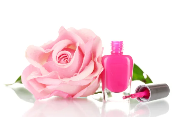 Pink Lacquer and pink rose isolated on white — Stock Photo, Image