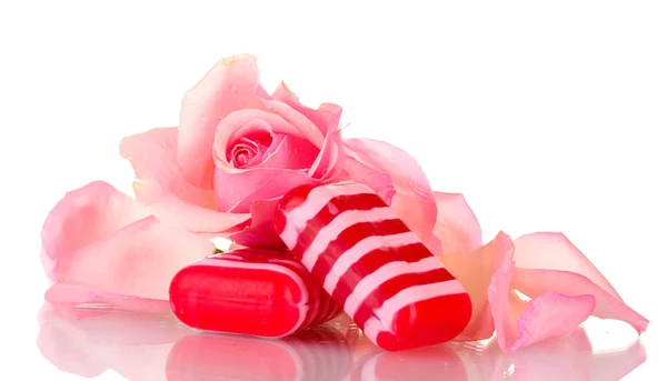 Two soap and pink rose isolated on white — Stock Photo, Image