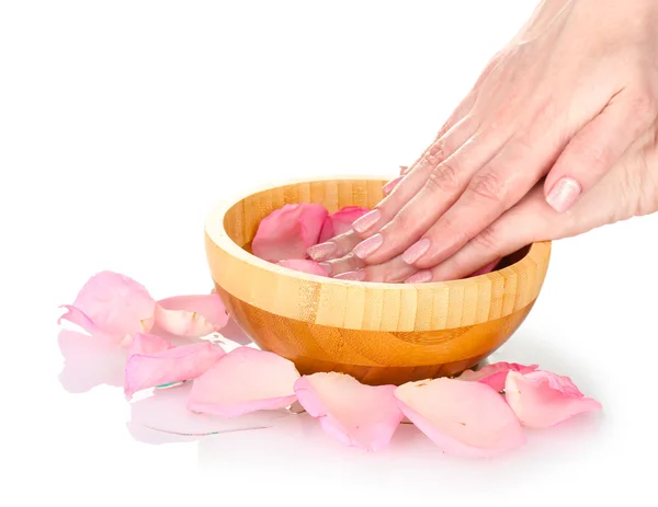 Mooie vrouwelijke handen en rozenblaadjes — Stockfoto