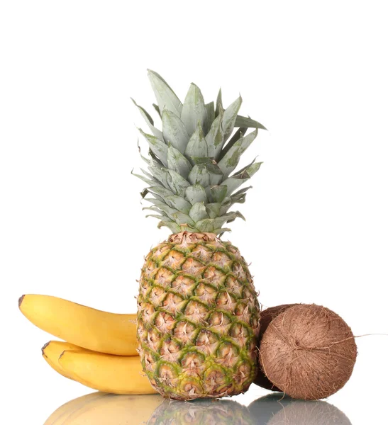 Сoconut, banana and pineapple isolated on white — Stock Photo, Image