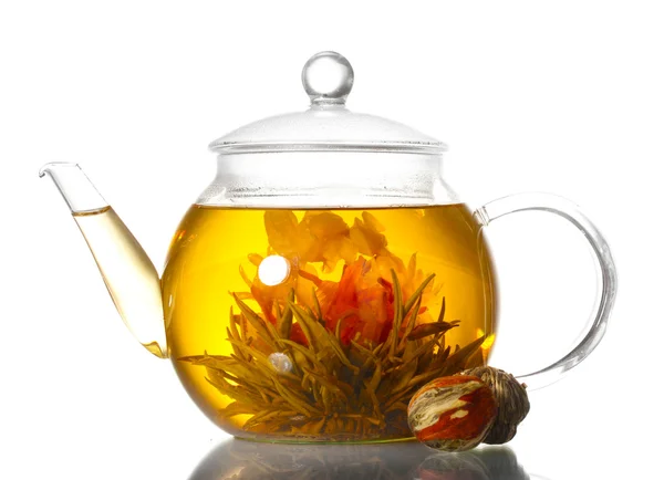 Egzotikus zöld tea üveg teáskanna elszigetelt fehér virág — Stock Fotó