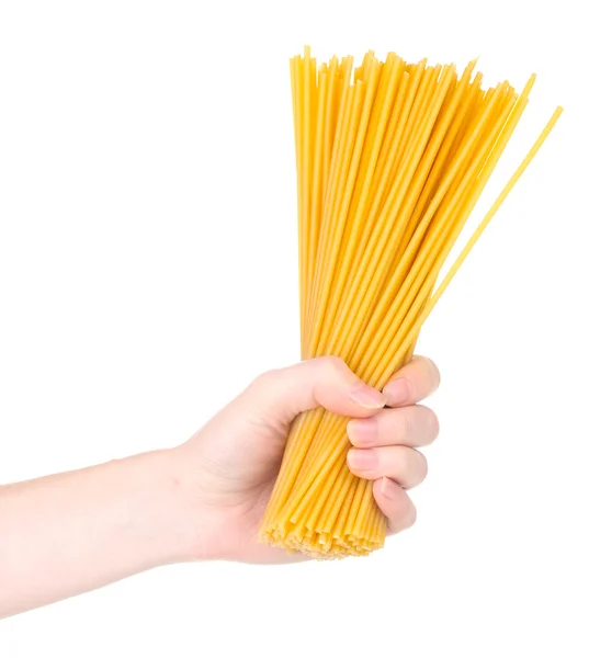 Pasta in een hand geïsoleerd op wit — Stockfoto
